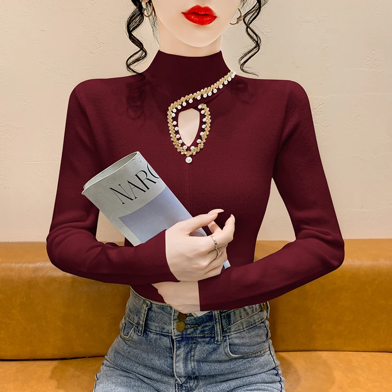 

Autumn Winter Women's Knitted Sweater Korean Fashion Turtleneck Beaded Pullovers Tops Long Sleeve Hollow out Knitwear