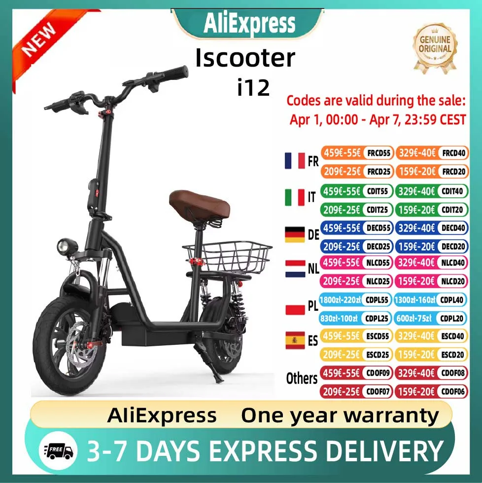 Trottinette électrique ISCOOTER I12 pour adultes, moteur 500W, batterie 36V7.5AH, trottinette électrique avec pneus de route de 12 pouces