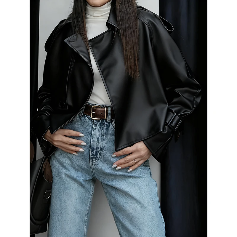 Retro Solid Color Lapel  Faux Leather Motorcycle Jacket Women Trendy Long Sleeve Coat 2025 New Autumn Winter High Street Outwear