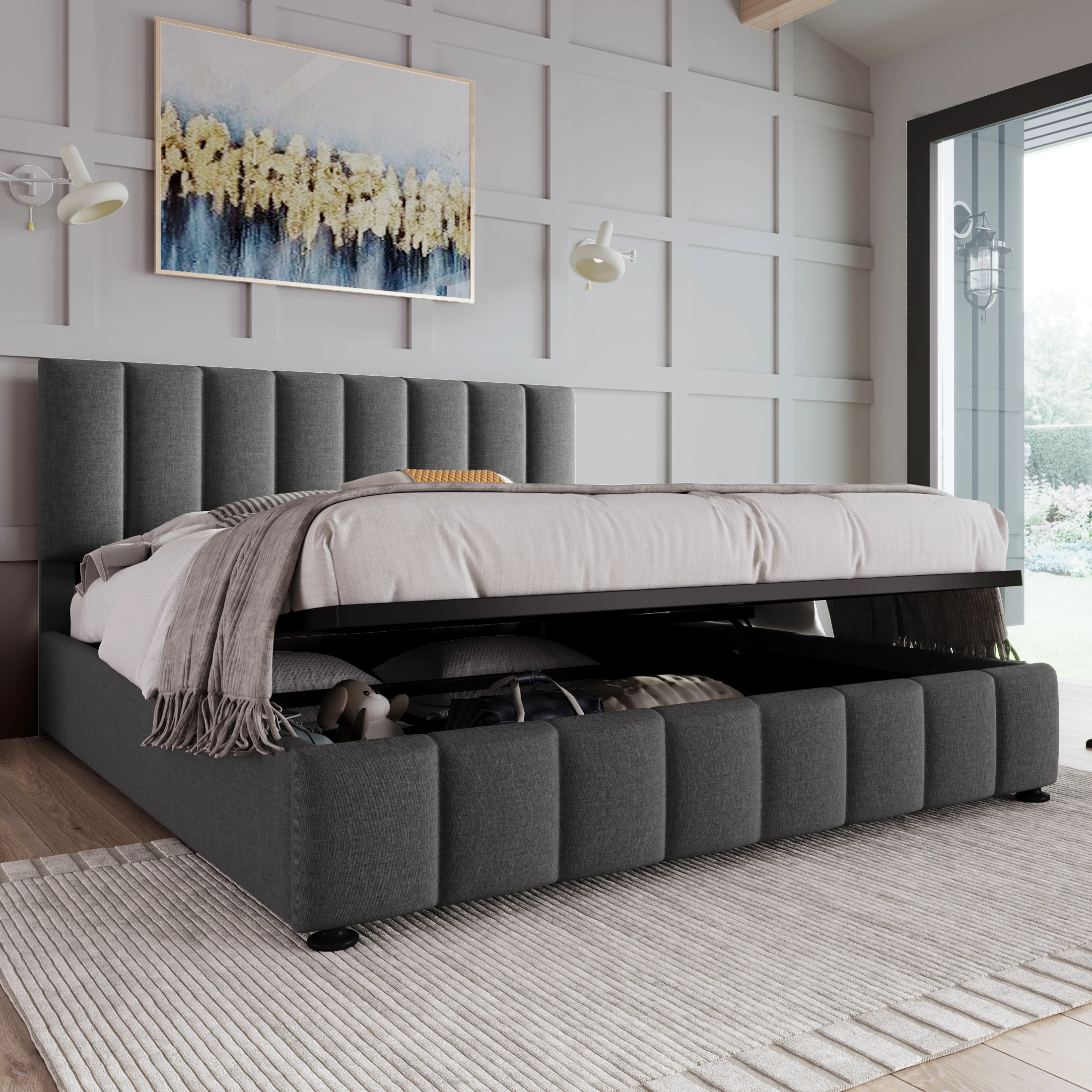 KOMHTOM Hydraulisches Doppelbett 140x200 cm Kopfteil Leinenmaterial Modernem Bettgestell Stauraum Und Metallrahmen Lattenrost