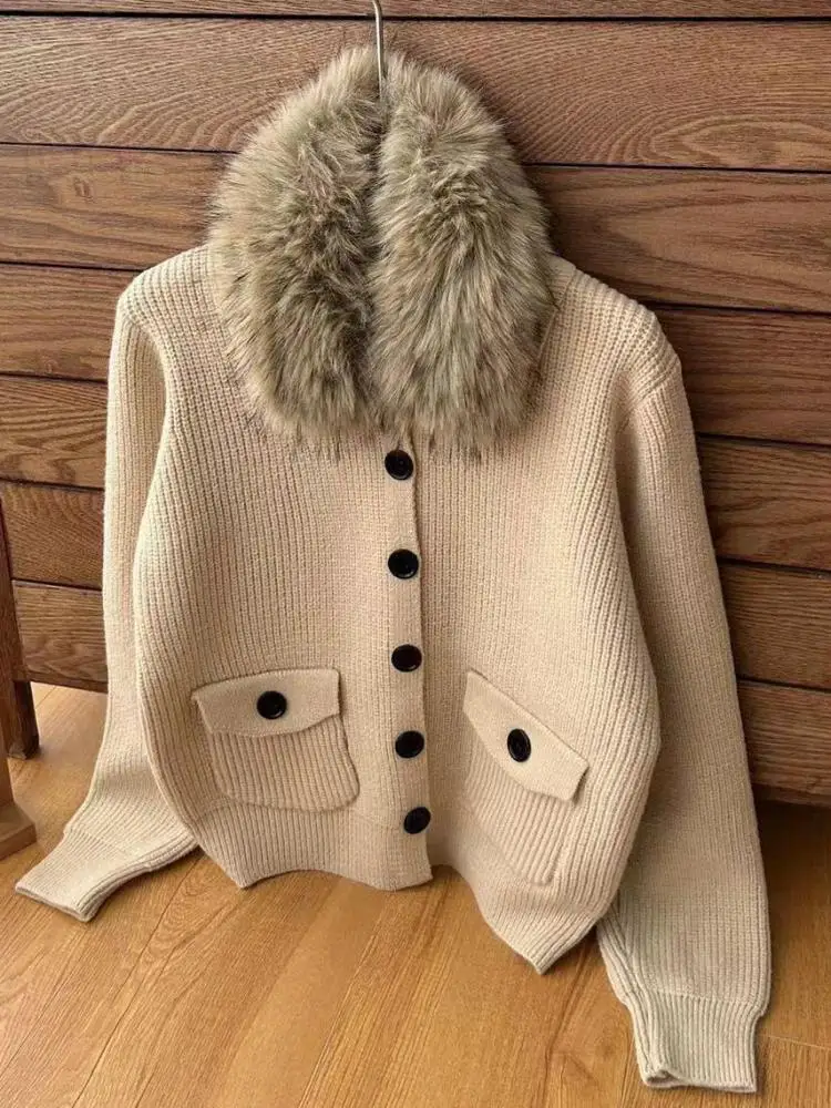 

Autumn Winter Grey Elegant Single Breasted Fashiona Office Lady Cardigan Sweater Women's Khaki Long Sleeved Short Knitted Tops