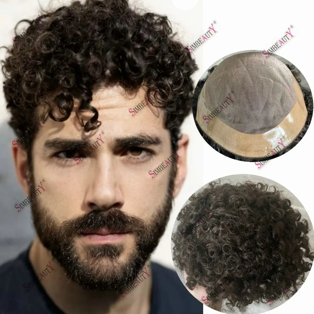 

18MM Afro Toupee Man Curly Unit 100% Human Hair Toupet for Men Durable Mono Lace And NPU Base Black Brown Capillary Prosthesis