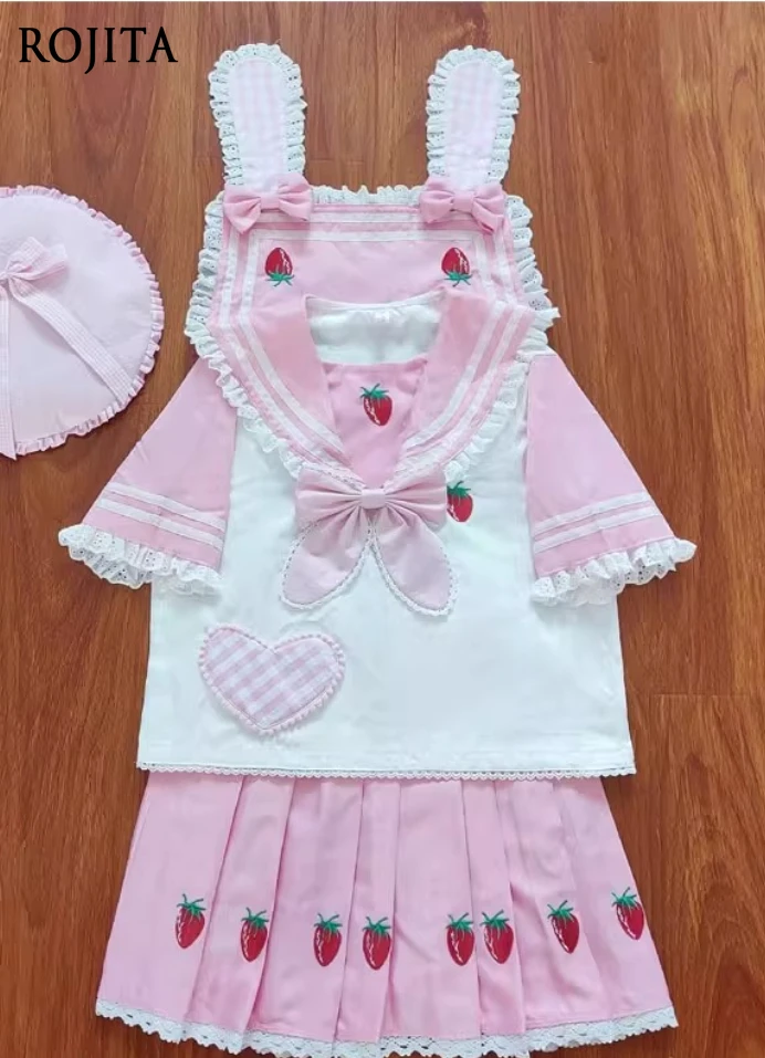 

Lolita Uniform JK Skirt Strawberry Uniform Skirt Sets Summer New Bunny Ear Short Sleeve Pink White Top and Skirt 2-Piece Set