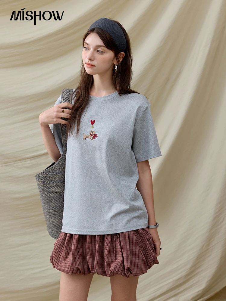 

MISHOW Women's Dog Embroidery T-shirt Summer 2025 Commuting Versatile Short Sleeved Tees Shoulder O-neck Casual Tops MXE35T0548