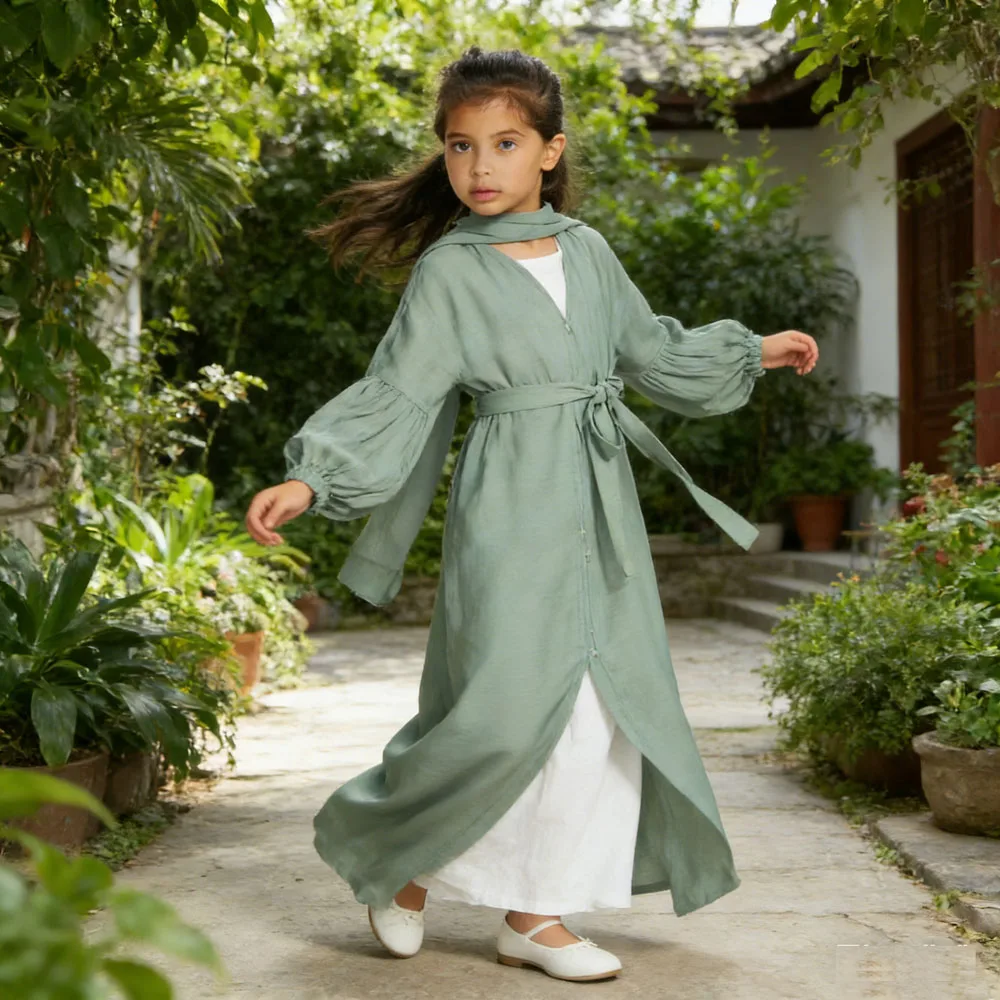 

Eid Ramadan Muslim Sets Kids Open Abaya Girls Hijab Set Dubai Islamic Dresses Khimar Prayer Clothes for Children Long Robe Arab