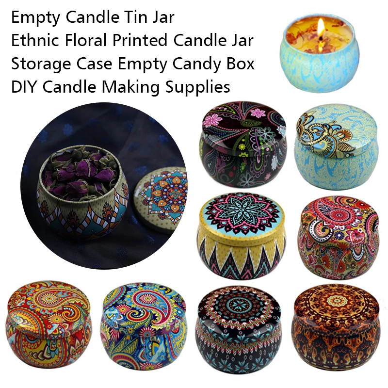 1PC Luxury Candle Jars DIY Candle Making Empty Candy Box Empty Candle Tin Jar Ethnic Floral Printed Candle Jar Storage Case