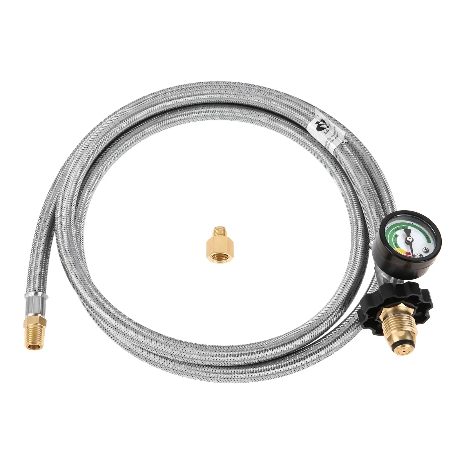 6FT Braided Universal POL 1/4 inch NPT Inverted Male Flare Tank Propane Pigtail Hose with Gauge for Standard Two-stage Regulator