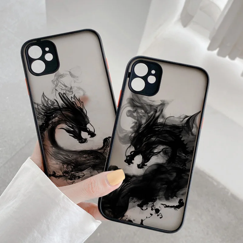 Dragon Pattern Ink Brush Painting Phone Case for iPhone X XR XS 7 8 Plus SE 2020 16 15 12 13 14 11 Pro plus Max Back Cover Funda