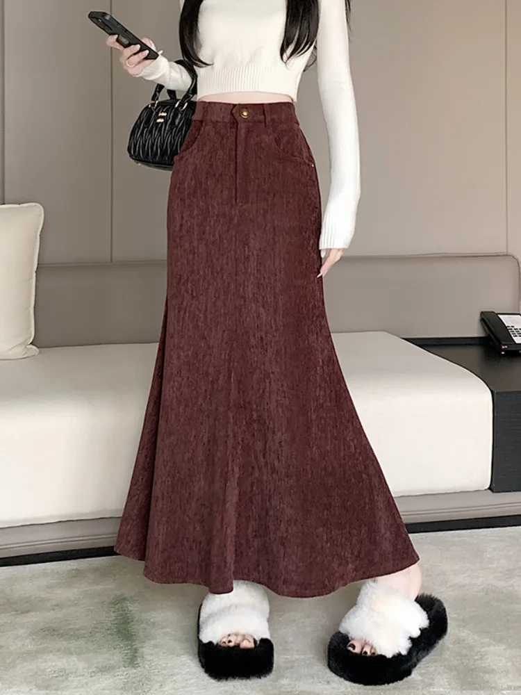 Retro Angora Red Chenille Skirt Women's Autumn and Winter Design High Waist A- line Skirt Slim fit Sheath Fishtail Skirt