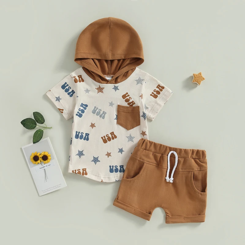 Cute Baby Boys Summer Outfits Set with Letter and Dog Paw Print Hooded Short Sleeve Tops and Elastic Waist Shorts Perfect for