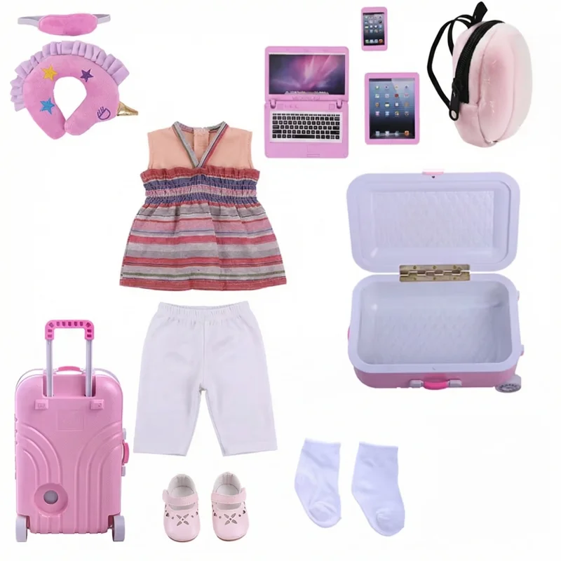 New Pink Doll Clothes Shoes Suitcase Set For 18Inch American Doll&43CM Baby Doll Generation Russian Girl's Christmas Gift