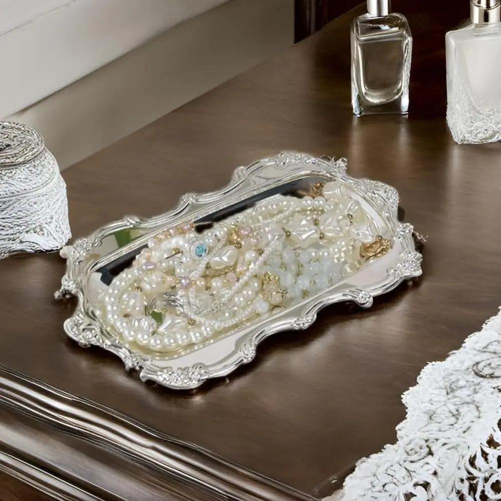 European Style Vintage Embossed Tray Gold/Silver Sturdy Desserts Plate Iron Stainless Steel Jewelry Storage Organizer