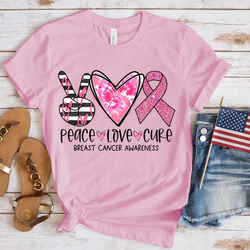 Camiseta de paz para mujer, amor, esperanza, concientización sobre el cáncer de mama, ropa de calle, Tops de talla grande