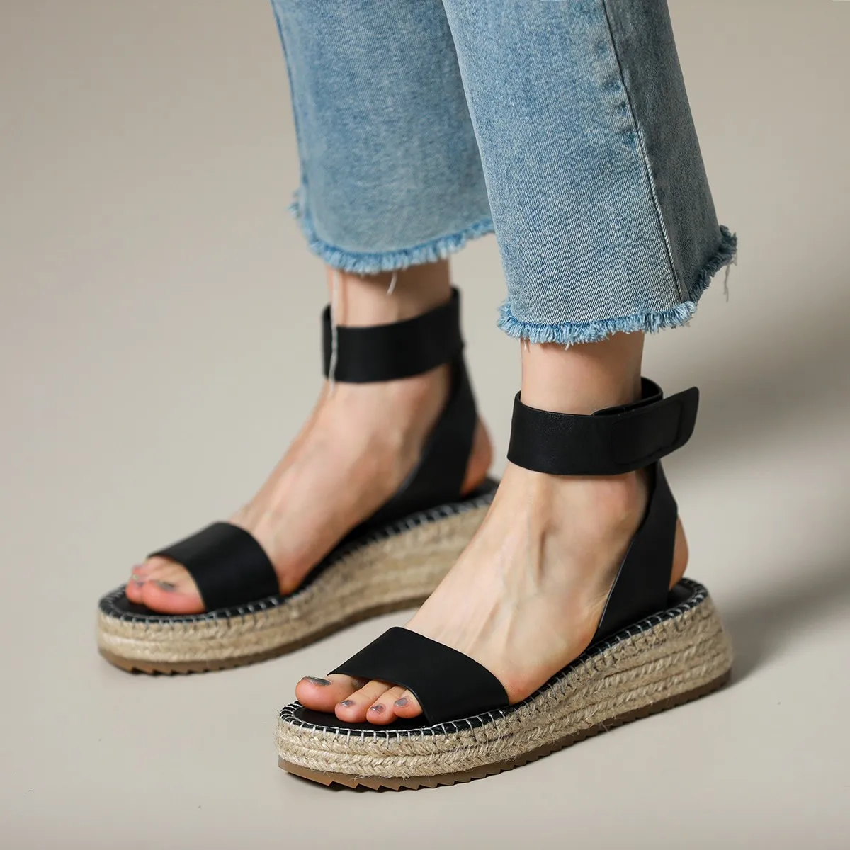 One Strap Sandals Cowhide Summer Lady Hemp Vintage Shoes WomanEspadrilles  Womens Platform Sandal Gladiator Shoes Wedge Sandals