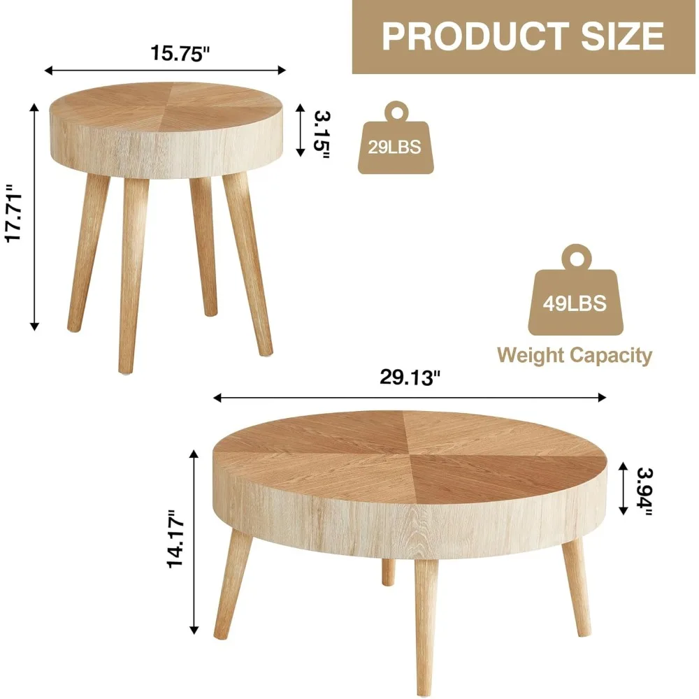 Conjunto de mesa de centro de 2 peças, conjunto de mesa de sala de estar circular de fazenda de 2, conjunto de mesa final moderna com acabamento em grão de madeira para sala de estar