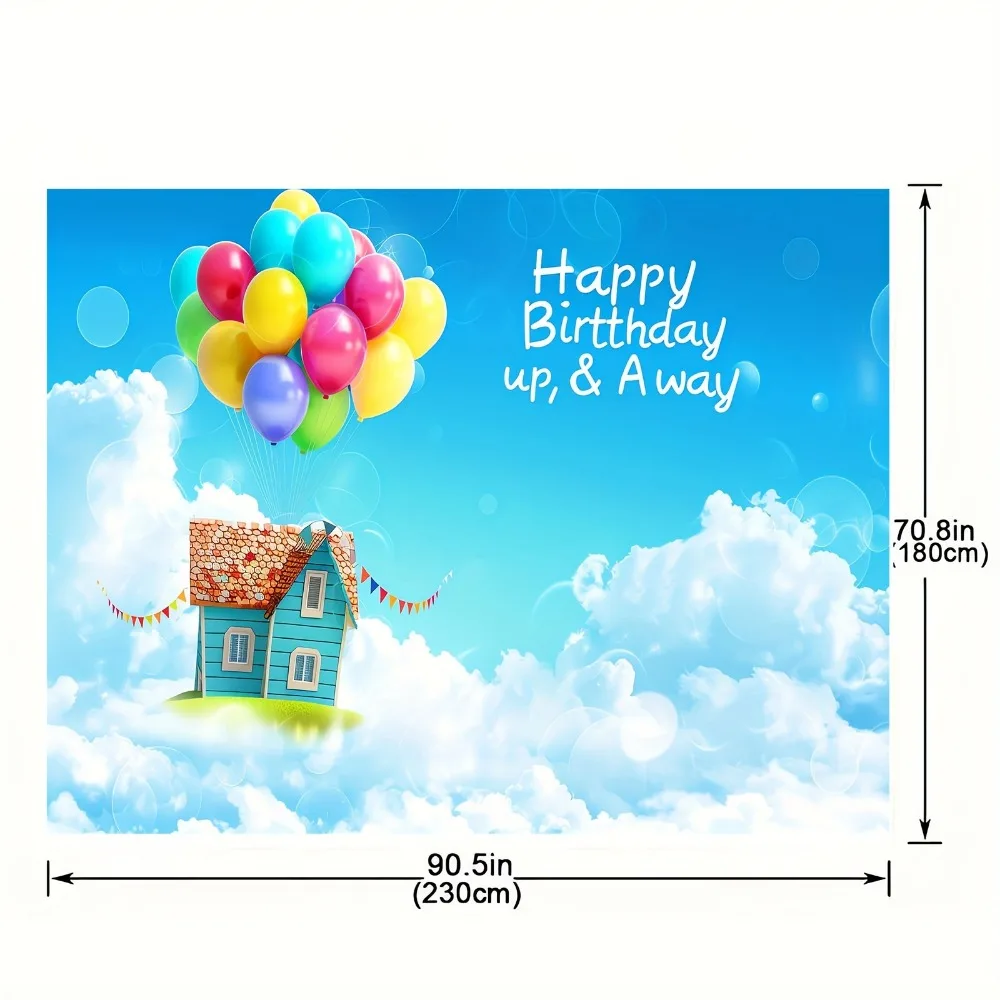 Birthday party photo background Adventure Happy Birthday up, balloons party decoration blue sky white clouds, banner decoration