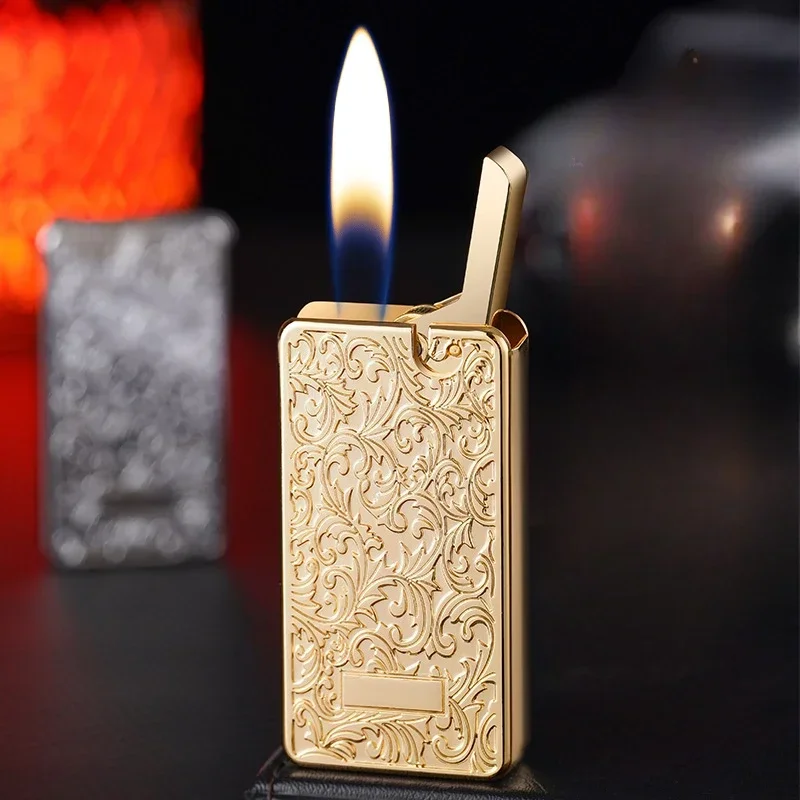 Metal Plating 3D Relief Inflatable Lighter One click Ejection Grinding Wheel Ignition Butane Gas Lighter Smoking Gifts For Men