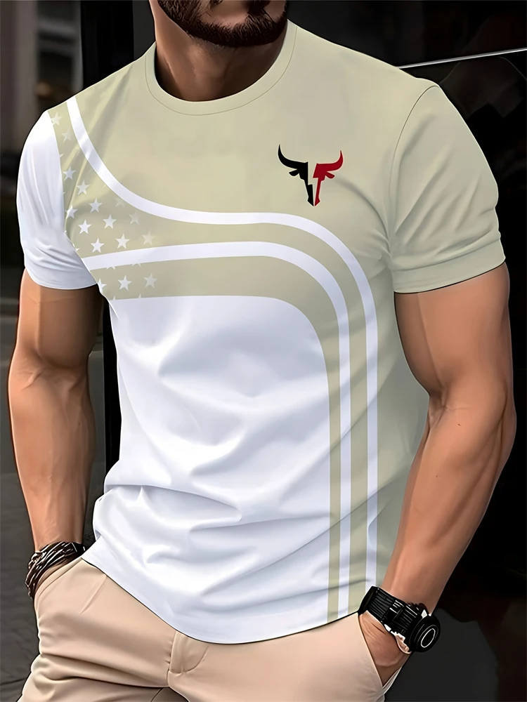 Summer New Mens Casual Round-neck T-shirt with 3D Printed Water Buffalo Logo Geometric Pattern Regular Home Casual Short-sleeved
