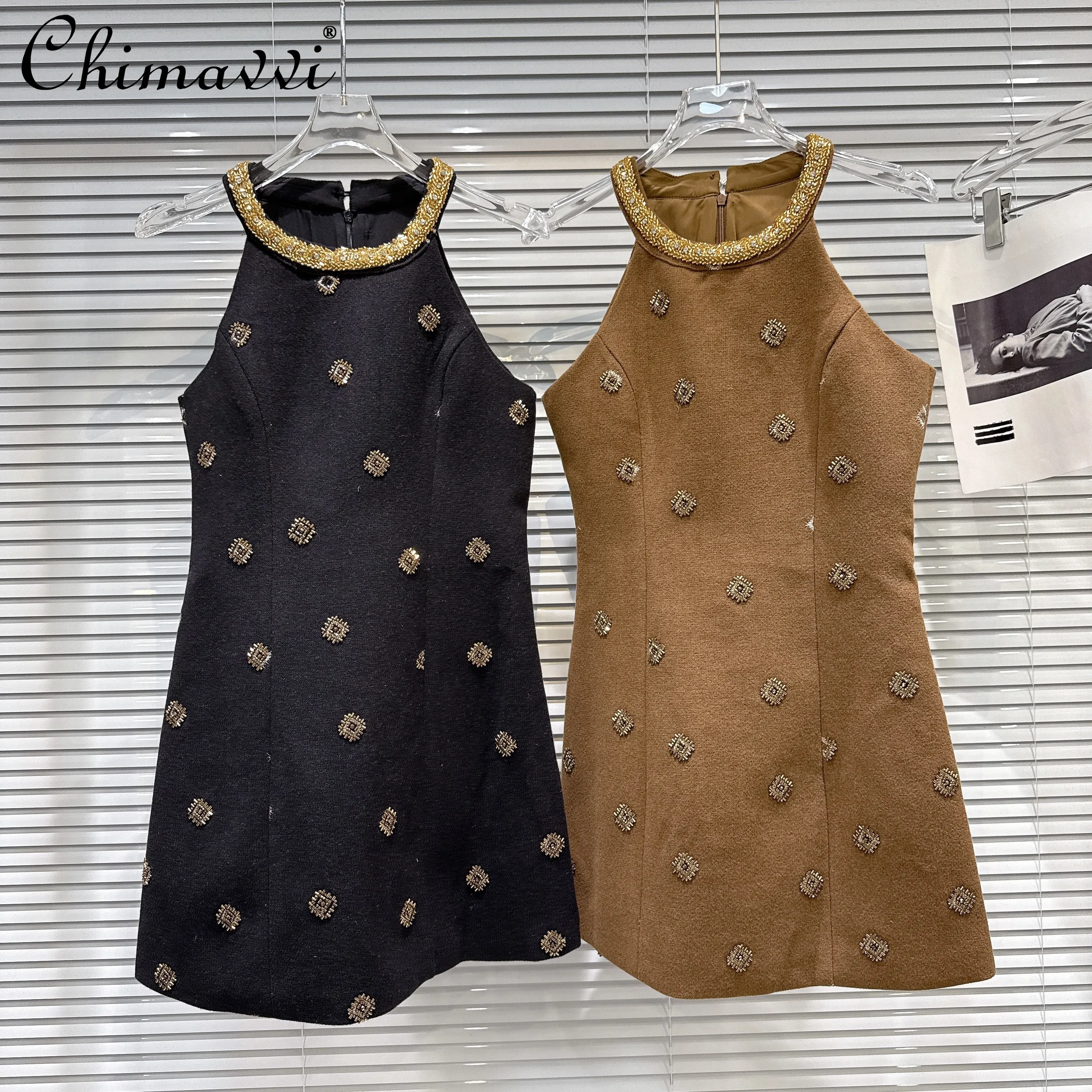 

2026 Spring French Elegant Fashion Gold Sequin Beaded Halter Neck Sleeveless High Waist Slim A-line Short Party Dress for Women