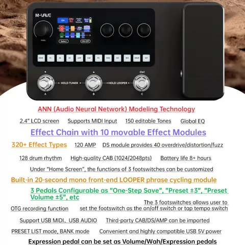 M-VAVE MK-20 गिटार/बास मल्टी-इफेक्ट्स प्रोसेसर पेडल, 20 एम्प मॉडल 100+ इफेक्ट्स ब्लूटूथ, USB ऑडियो इंटरफ़ेस, ड्रम मशीन के साथ 10 best sales क्यूवेव बास - №4