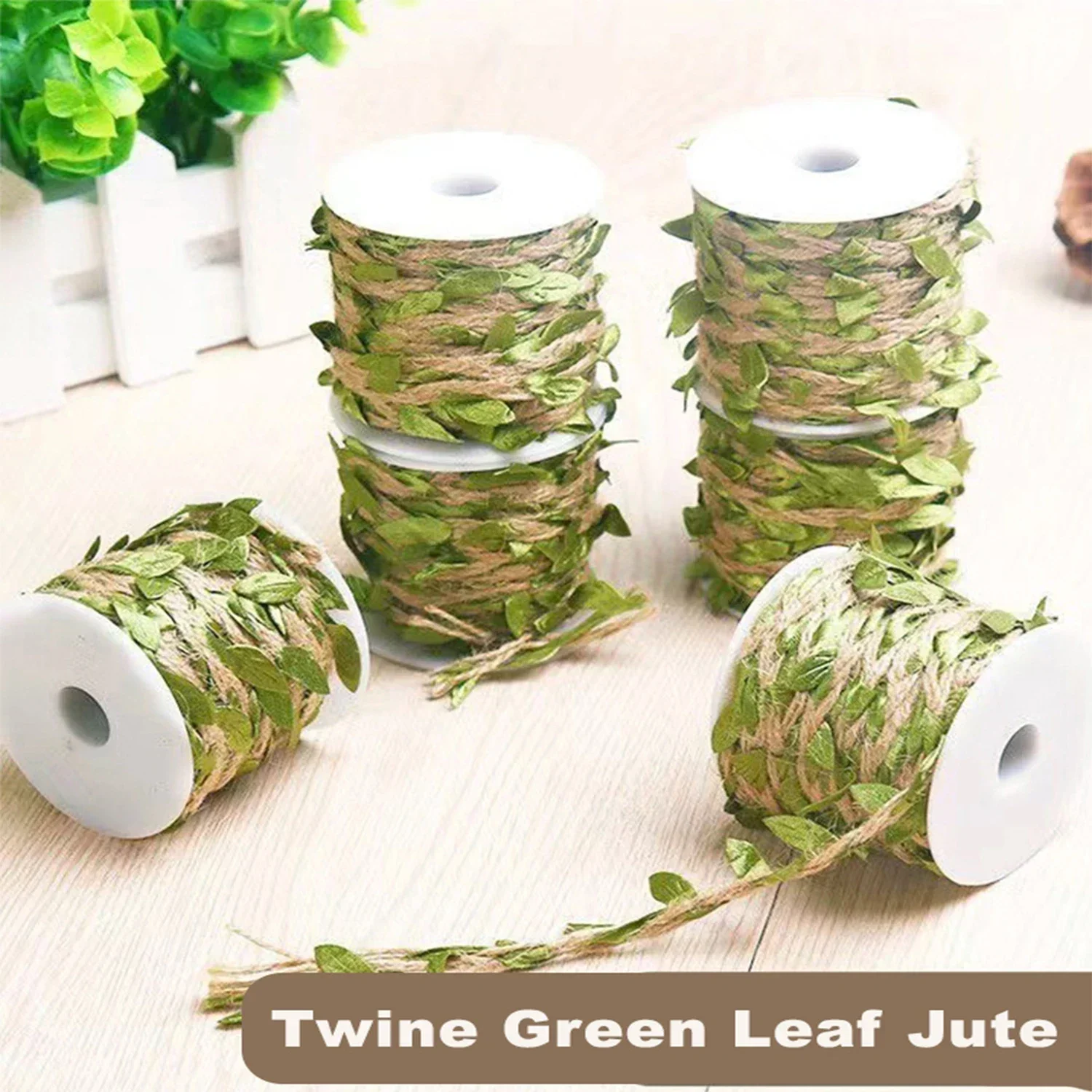 

Natural Jute Twine with Artificial Green Leaves,Perfect Braided Decorated Vine for Packing Decoration and Any Party Decoration