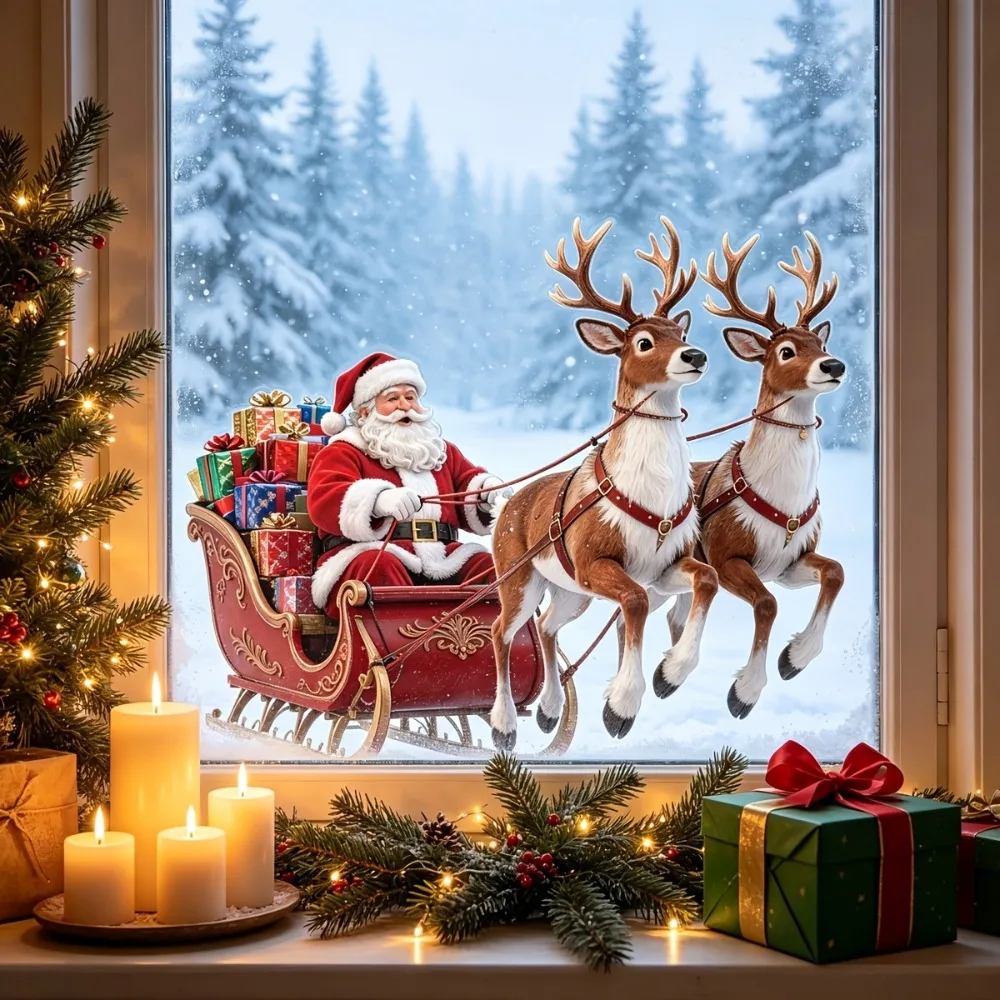 Classic Santa Reindeer Sleigh Static Window Clings,Glue-free Removable Privacy Glass Decals,Sun-resistant Without Damaging Glass