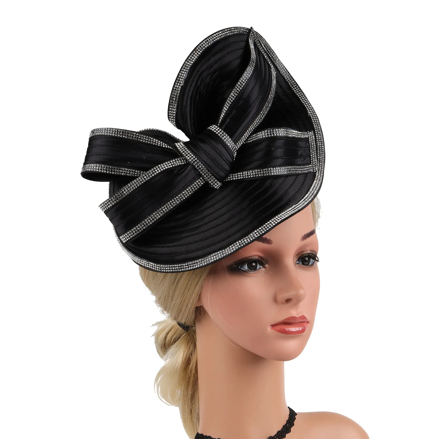 Elegant Rhinestone Decor Bow Fascinator Hat For Women Wedding Bridal Tea Party Cocktail Prom Cheongsam Photo Shoot Hair Accessor