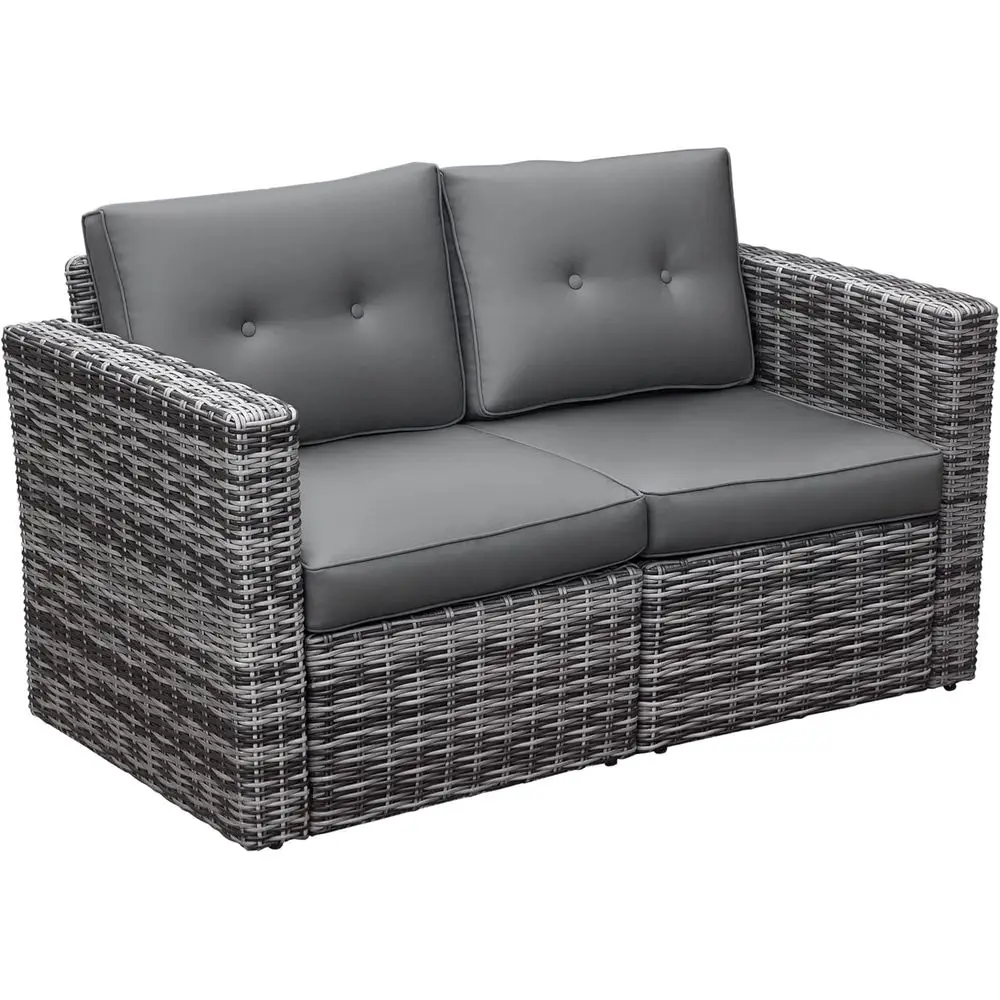 Gray 2-Piece Outdoor PE Rattan Sofa Set with Curved Armrests and Padded Cushions for Balcony, Garden, or Lawn