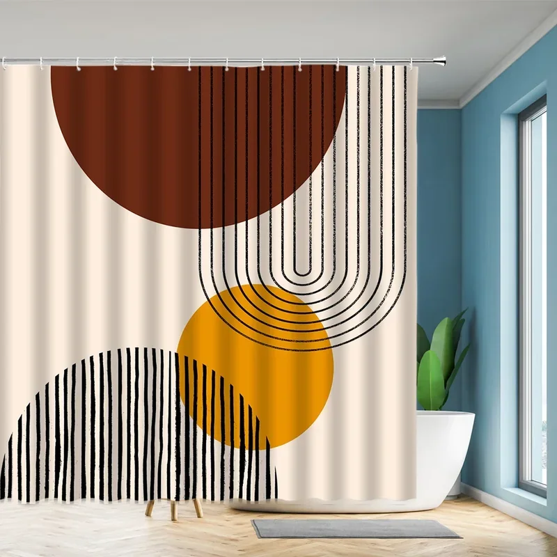 Abstract Neutral Leaves Simple Bathroom Shower Curtain Mid Century Sun Minimalist Modern Polyester Fabric Decor Bathroom Curtain