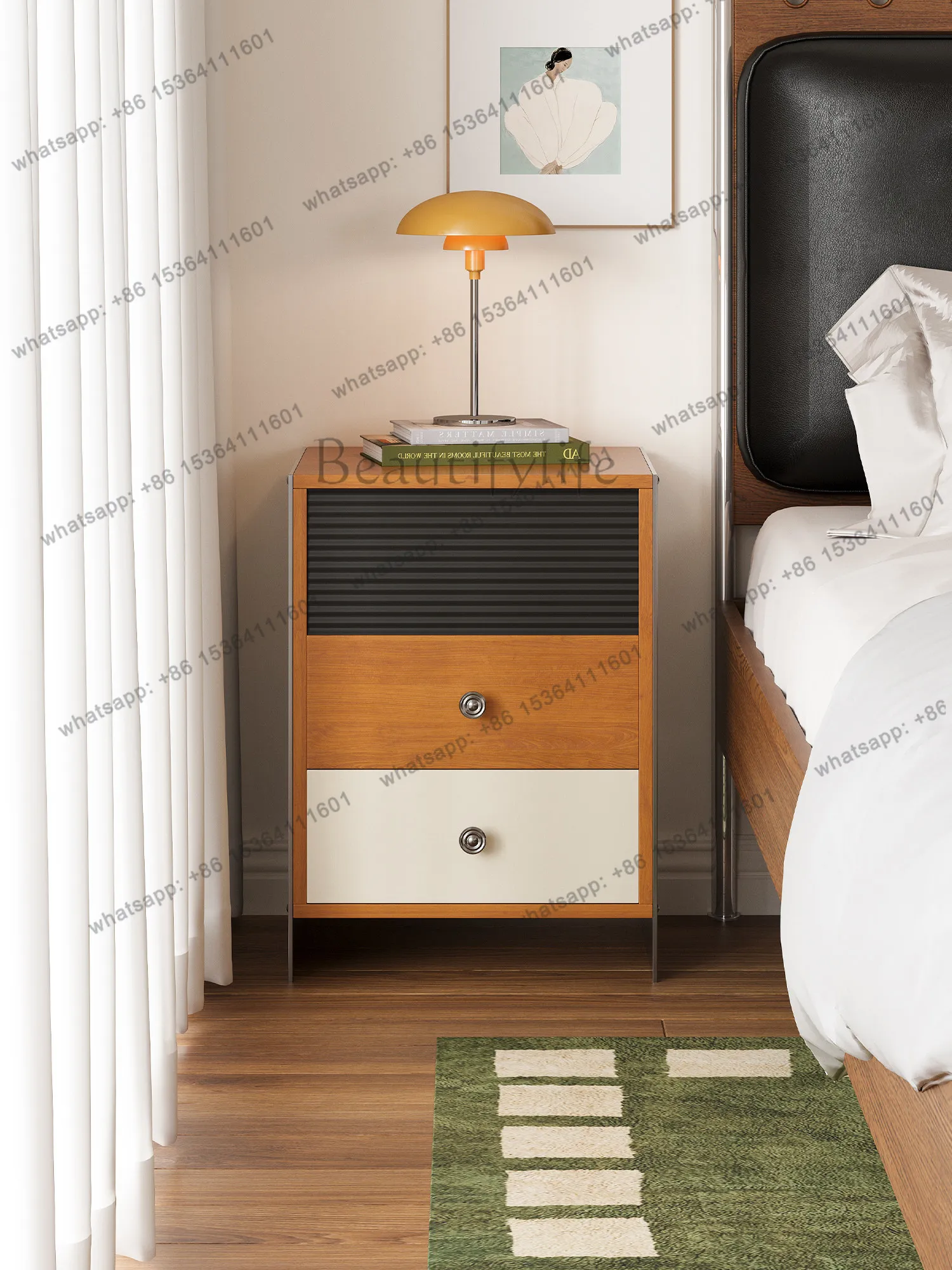 LD three-layer contrasting color retro bedside table simple small storage cabinet