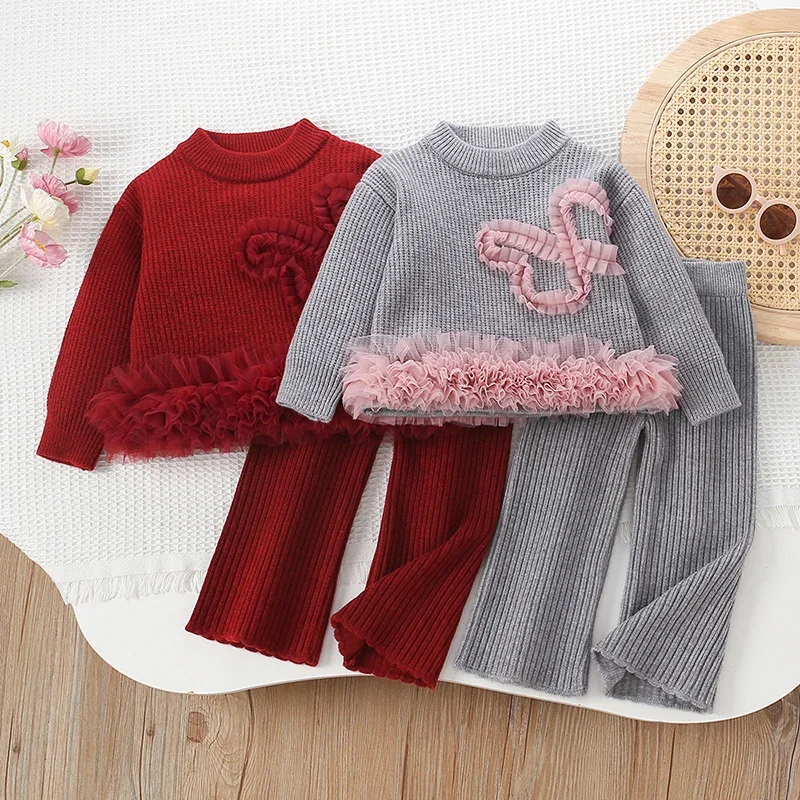 2026 New Spring 2-6Yrs Baby Girls Clothing Set Children Knitted Clothes Suit Long Sleeves Knitted Pullover Sweater+Pants