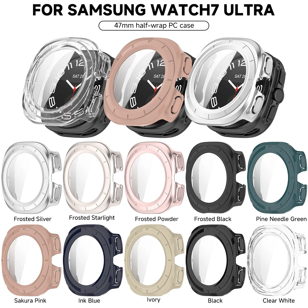 Case for Samsung Galaxy Watch Ultra 47mm Accessories Tempered Glass Screen Protector Hard PC Bumper Galaxy Watch 7 Ultra Cover