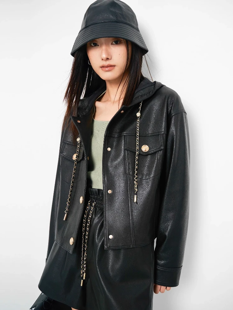 Hooded Genuine Leather Cropped Jackets for Women Spring Autumn High-end Simple Single Breasted Soft Black Real Sheepskin Coat