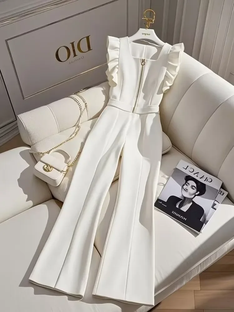 Women's autumn high waisted pleated wide leg jumpsuit with camisole, Korean women's slim fit elegant temperament pants