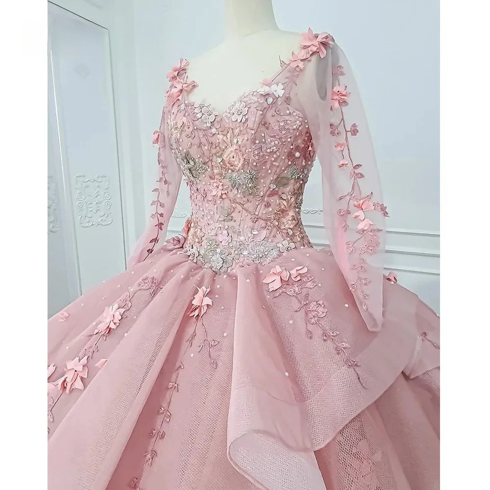 Pink Princess Quinceanera Dresses Ball Gown V-neck Long Sleeves Appliques Sweet 16 Dresses 15 Años Mexican