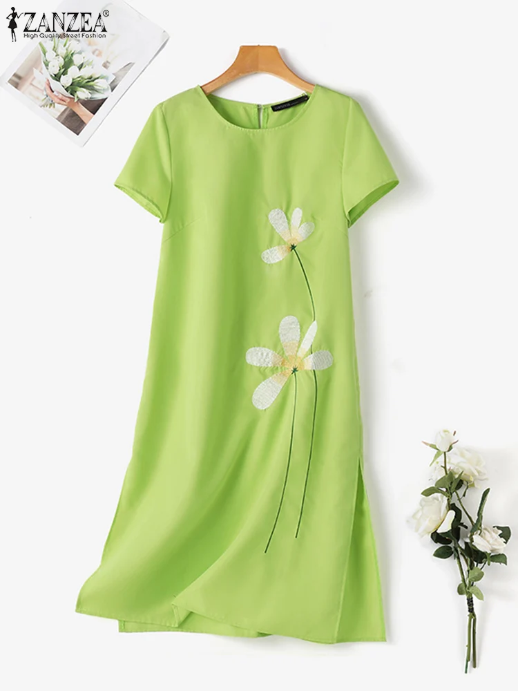 ZANZEA-Robe d'été brodée florale à col rond pour femmes, manches courtes, robe décontractée, fente latérale éducative, robes de vacances au genou, été, 2024