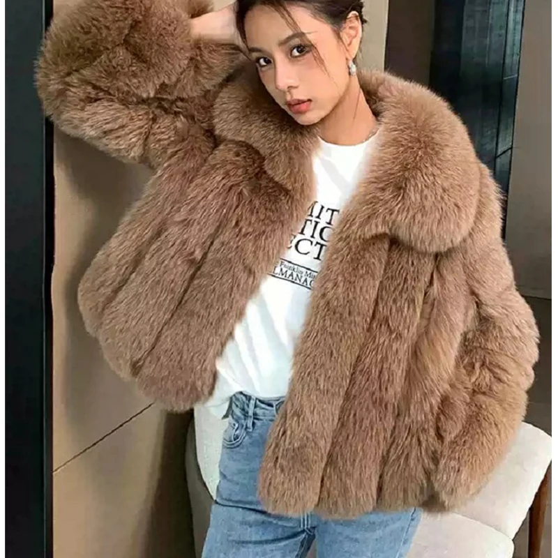 куртка женская зимня Faux Fur Jacket Women Luxury Female High Quality Full Sleeves Plush White Black Fox Fur Coat for Lady Girl