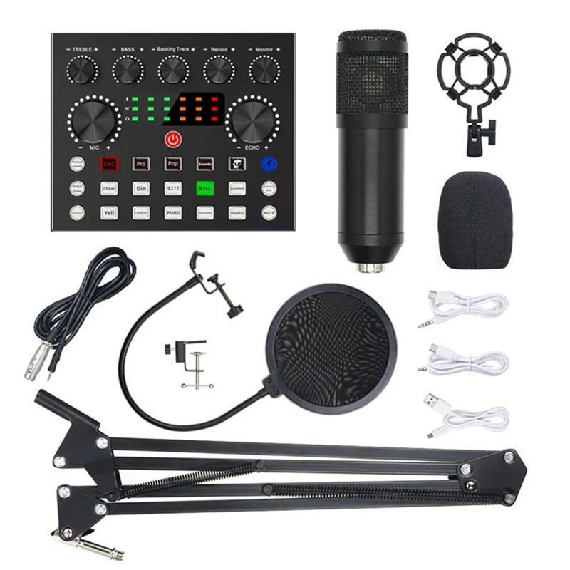 BM800 kit mikrofon dengan kartu suara langsung, lengan gunting suspensi, dudukan kejut dan Filter untuk perekaman Studio-ABDQ