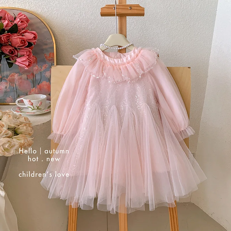 Girl Princess Dress 2026 Spring and Autumn Long Sleeve Sweet Lotus Leaf Collar Sparkling Birthday Mesh Dress