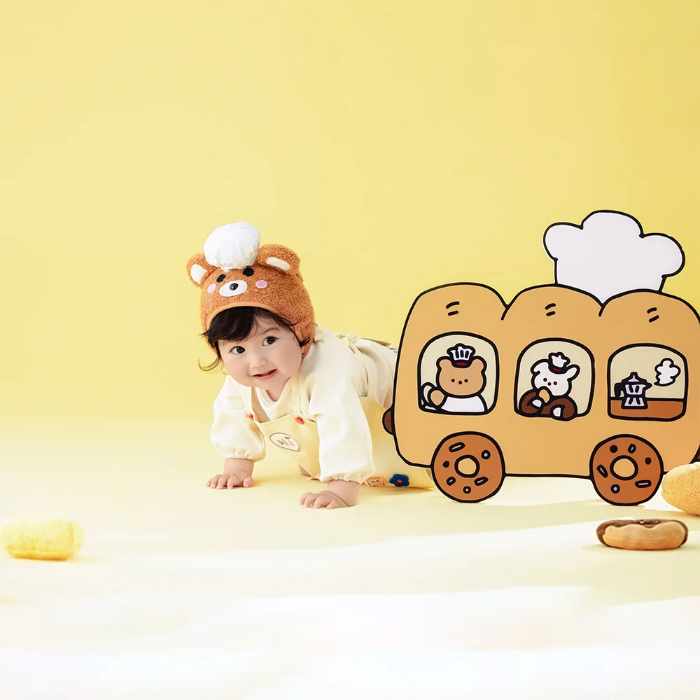 Bakery Bear Theme Baby 1st Birthday Photography Props Kit Little Chef Photo Outfit Donut/Bread Props for Toddler Milestone Shoot