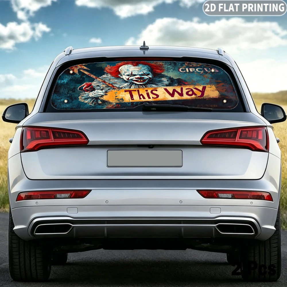 2D FLAT Printing 1pc Car Rear Window Sunshade Scary Clown Circus This Way, 4 Suction Cups,  Block Sunlight, Ideal for Halloween