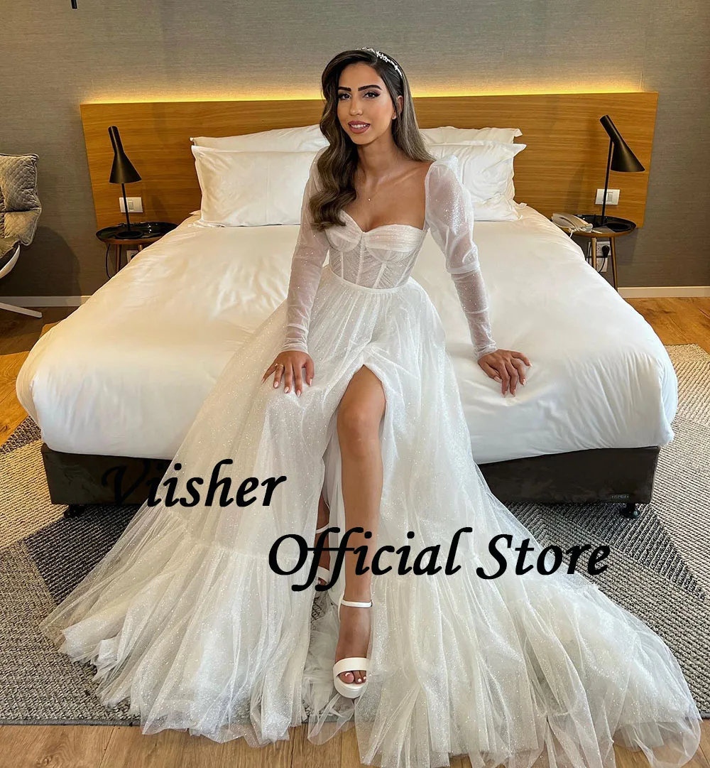 Viisher Sequins Tulle A Line Wedding Dresses Side Split Long Sleeve Beach Bride Dress Sweetheart Boho Wedding Bridal Gowns