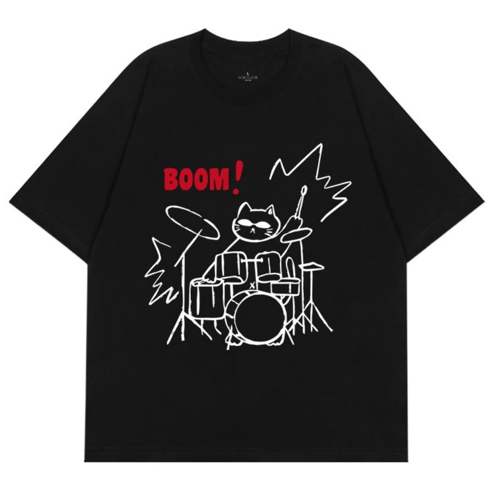 T-shirt graphique Rock Drummer Cat, unisexe, pour hommes et femmes, dessiné à la main, style streetwear américain, groupe de musique, décontracté, été