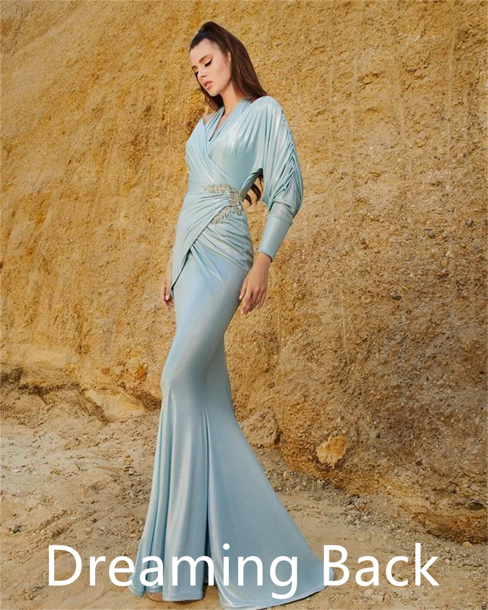 Customized  Elegant Blue Satin Vestido De Festa Modern V-Neck Long Sleeves Ruched Mermaid Belt(Sashes) Zipper Back Robe de soiré