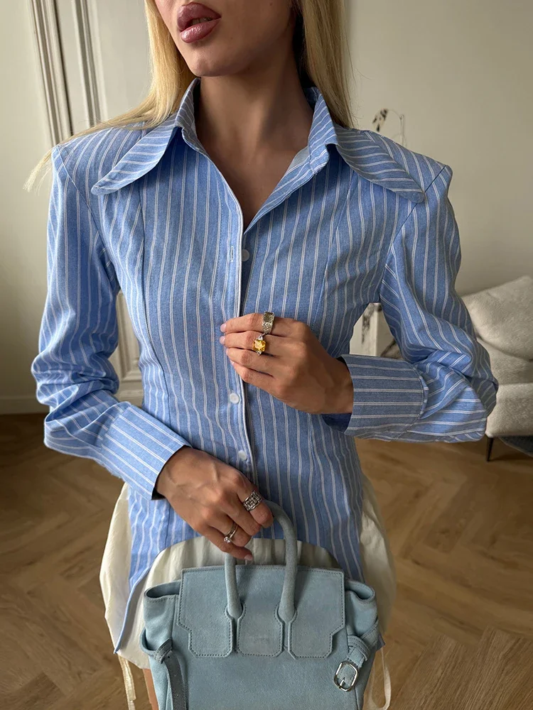 Weird Puss Stripe Print T-Shirts Woman Lapel Single-Breasted Full Sleeve Irregular Hem Daily Office Elegant Style Classic Tees