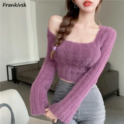 Fluffy Sweaters Women Square Collar Slim Hotsweet Aesthetic Simple Spring Autumn Ladies Stylish Leisure Popular Korean Style