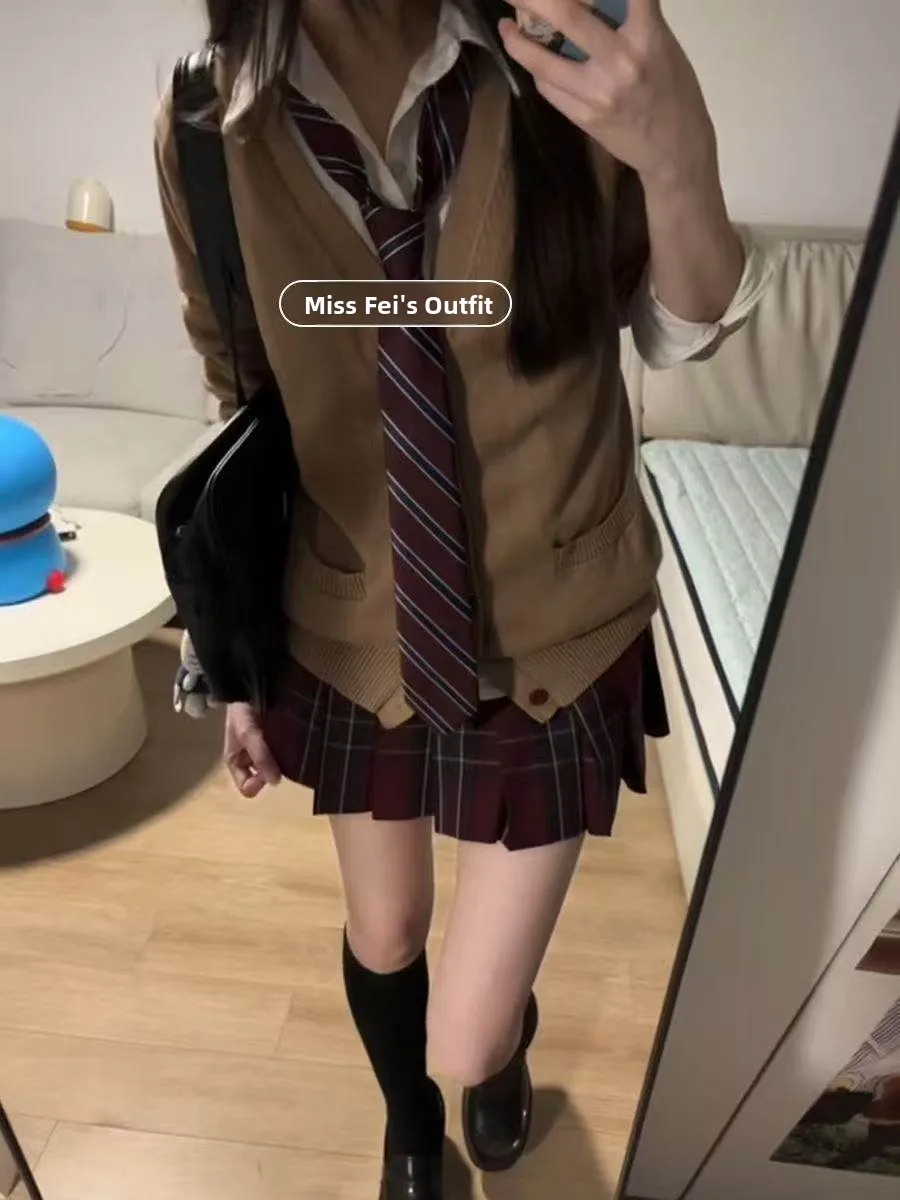 Women's School Uniform Knitted Sweater Set Long Sleeve Cardigan Jacket Layering Tea Color Fashionable College Style Top