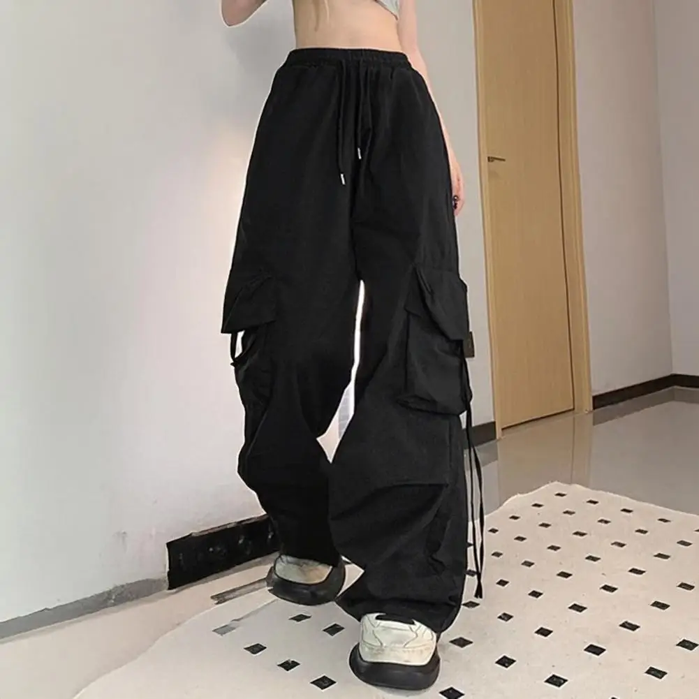 Women Pants Elastic Waist Adjustable Drawstring Wide Leg Casual Trousers Multi Pockets Design Cargo Pants