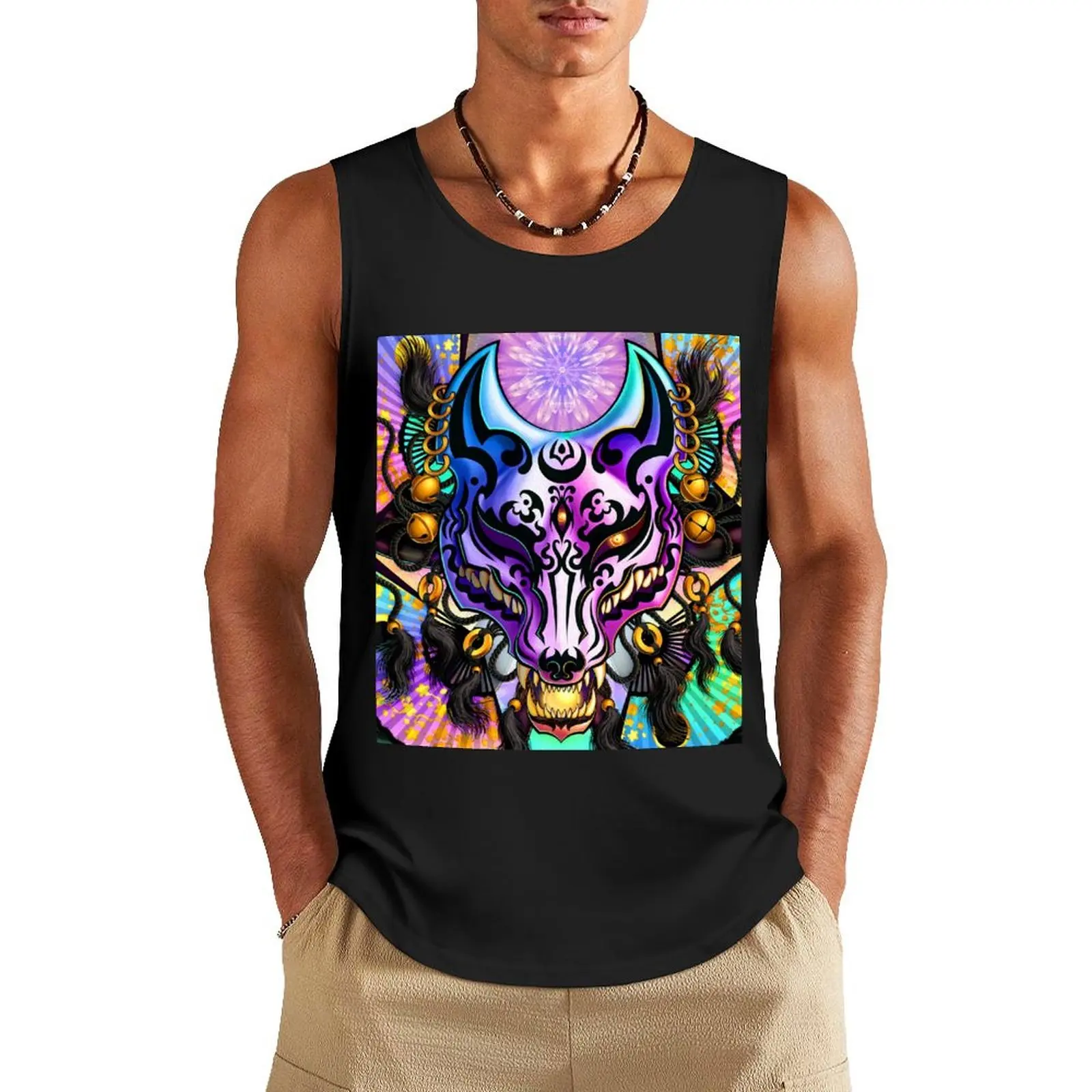 Harajuku Pastel Kitsune, Fox Mask Tank Top sleeveless t-shirts for men Men's clothes luxury style men gym clothing