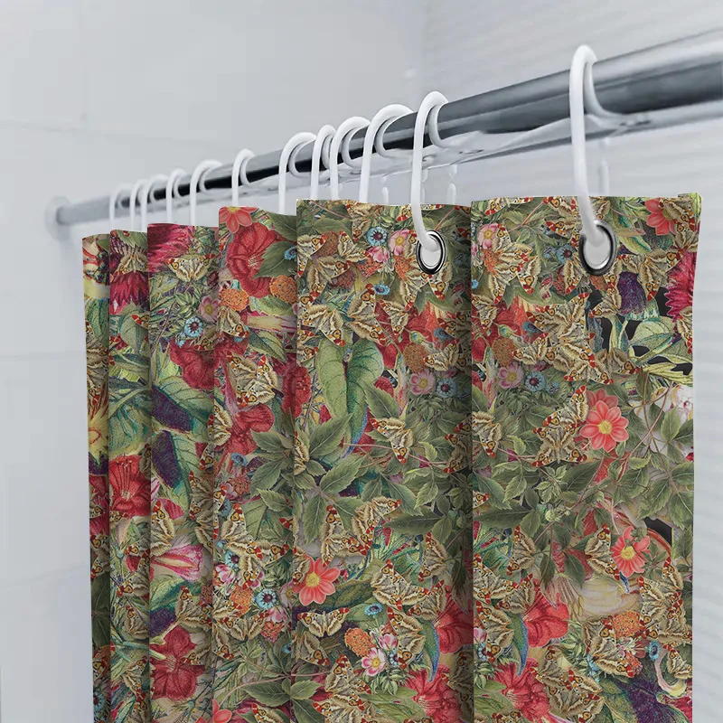 Luxurious Floral Shower Curtain with Butterflies Bathroom Decor for Home Kitchen, Waterproof Fabric in Red, Green, Pink Yellow C - view 5